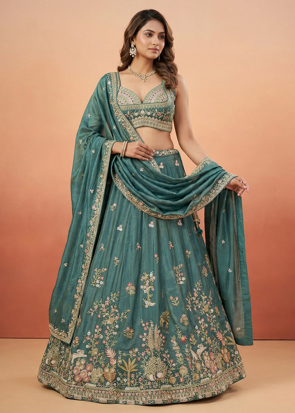 Buy Now Green Tissue with Colourful Peacock Embroidery Lehenga Set Online in US, UK, Canada, France, Italy, Germany, Sweden, Denmark & Worldwide at Empress.
