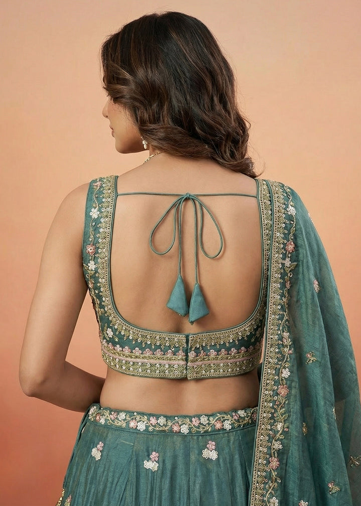 Buy Now Green Tissue with Colourful Peacock Embroidery Lehenga Set Online in US, UK, Canada, France, Italy, Germany, Sweden, Denmark &amp; Worldwide at Empress.