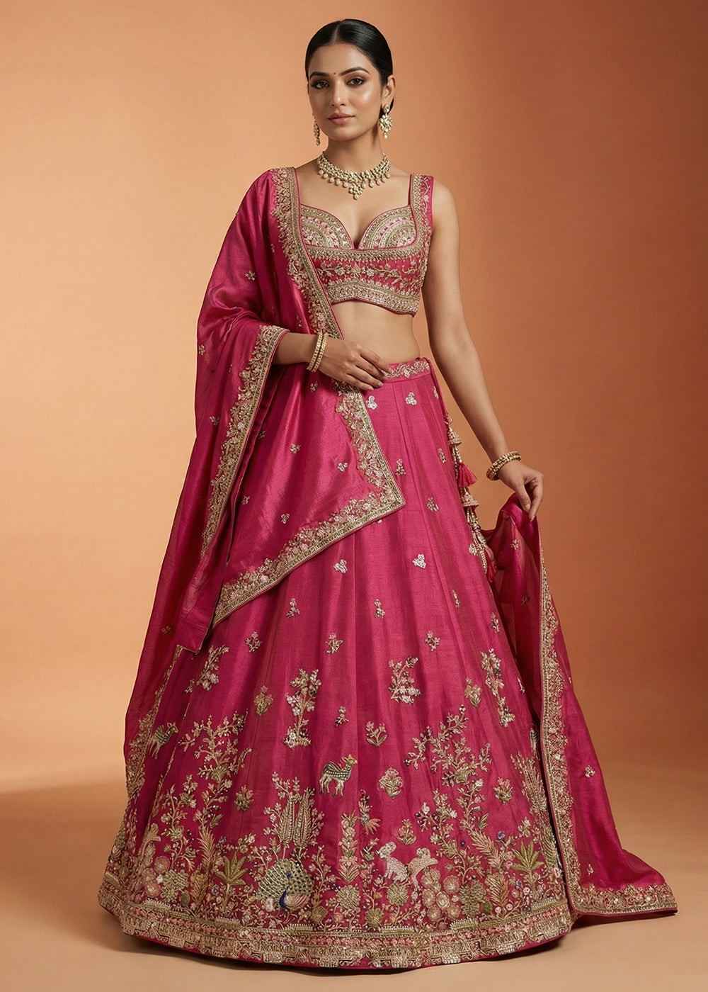 Buy Now Pink Tissue with Colourful Peacock Embroidery Lehenga Set Online in US, UK, Canada, France, Italy, Germany, Sweden, Denmark & Worldwide at Empress.