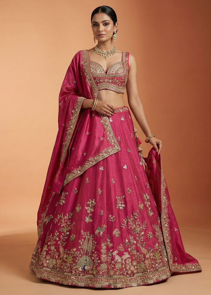 Buy Now Pink Tissue with Colourful Peacock Embroidery Lehenga Set Online in US, UK, Canada, France, Italy, Germany, Sweden, Denmark &amp; Worldwide at Empress.