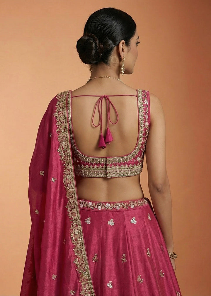 Buy Now Pink Tissue with Colourful Peacock Embroidery Lehenga Set Online in US, UK, Canada, France, Italy, Germany, Sweden, Denmark &amp; Worldwide at Empress.