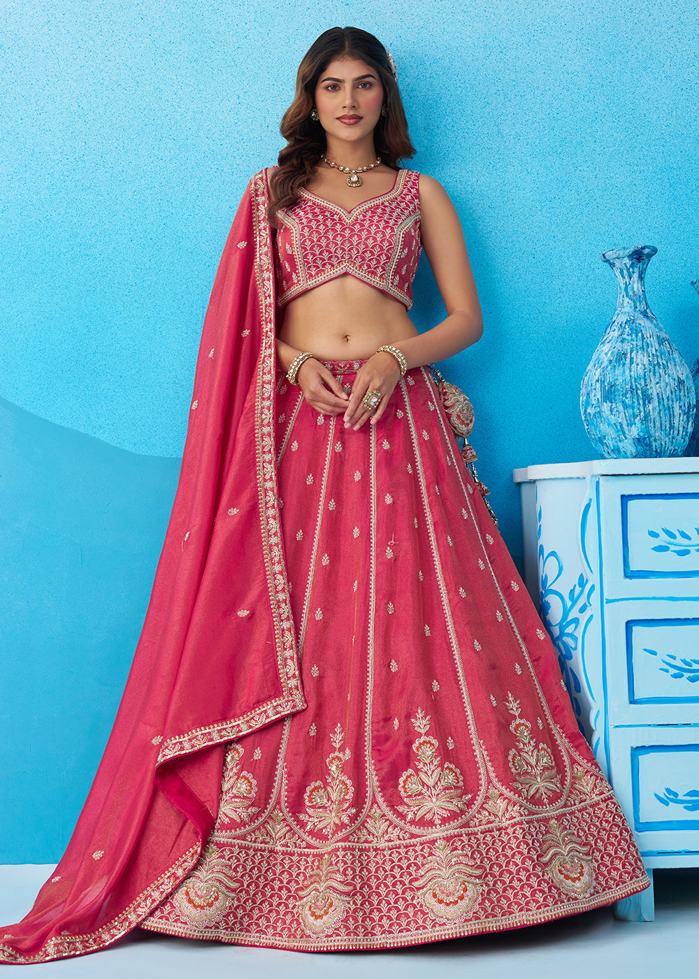 Buy Now Premium Rani Tissue Floral Embroidered Lehenga Choli Online in US, UK, Canada, France, Italy, Germany, Australia, Greece, UAE & Worldwide at Empress.