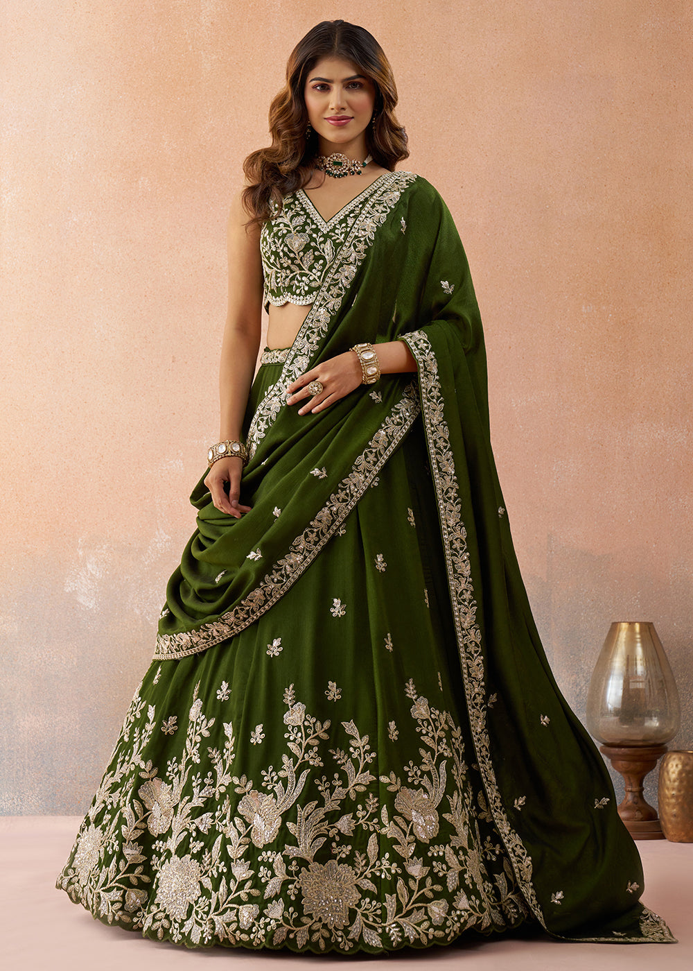 Buy Now Sequins & Cording Threads Olive Tissue Lehenga Choli Online in US, UK, Canada, France, Italy, Germany, Australia, Greece, UAE & Worldwide at Empress.