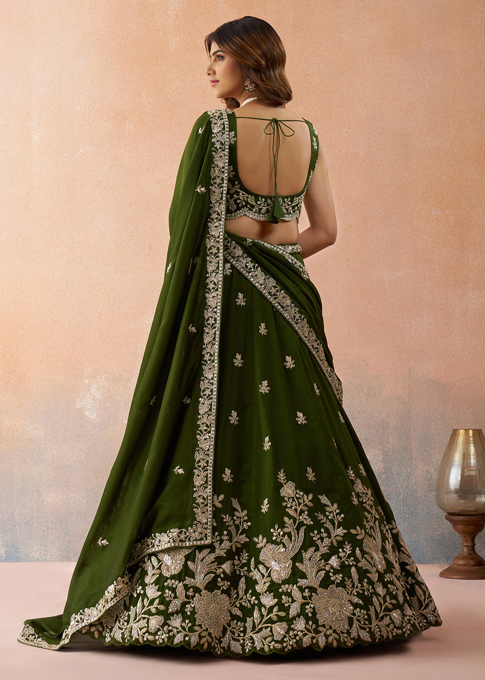 Buy Now Sequins & Cording Threads Olive Tissue Lehenga Choli Online in US, UK, Canada, France, Italy, Germany, Australia, Greece, UAE & Worldwide at Empress.
