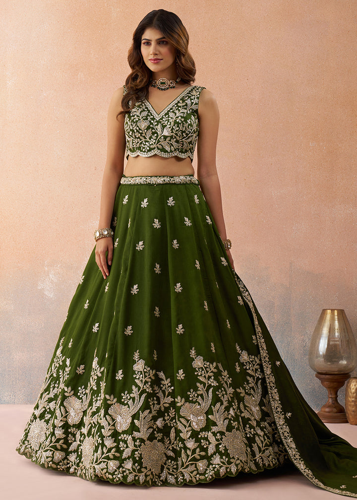 Buy Now Sequins & Cording Threads Olive Tissue Lehenga Choli Online in US, UK, Canada, France, Italy, Germany, Australia, Greece, UAE & Worldwide at Empress.