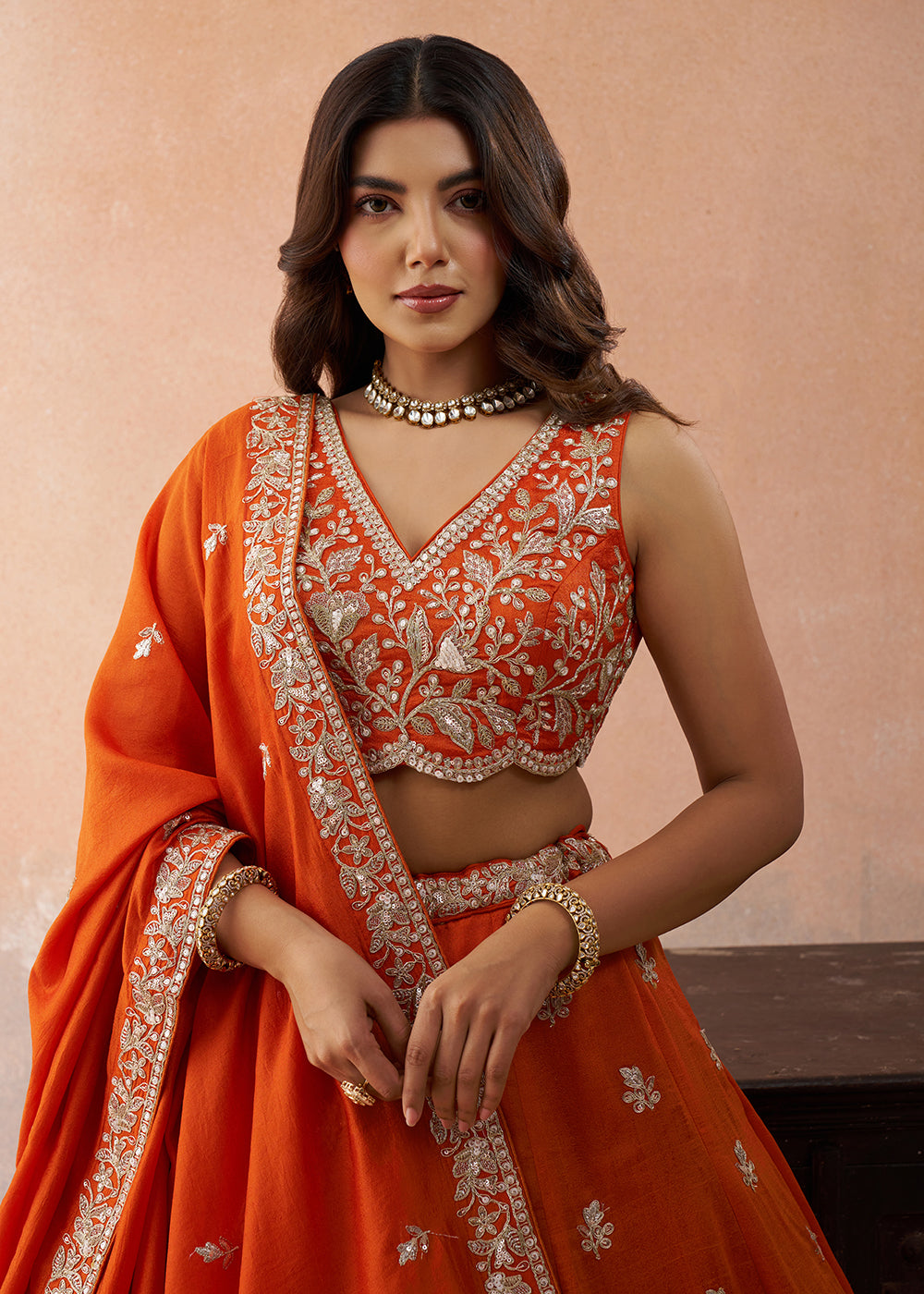 Buy Now Sequins & Cording Threads Orange Tissue Lehenga Choli Online in US, UK, Canada, France, Italy, Germany, Australia, Greece, UAE & Worldwide at Empress.