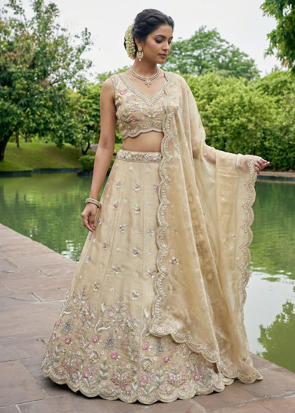 Buy Now Beige Tissue Mirror Sequince Embroidered Lehenga Choli Online in US, UK, Canada, France, Italy, Germany, Sweden, Denmark, Austria &amp; Worldwide at Empress.