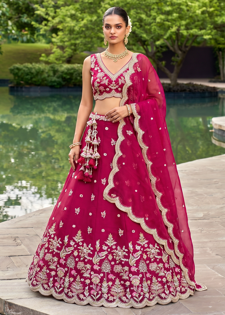 Buy Now Rose Tissue Mirror Sequince Embroidered Lehenga Choli Online in US, UK, Canada, France, Italy, Germany, Sweden, Denmark, Austria &amp; Worldwide at Empress.