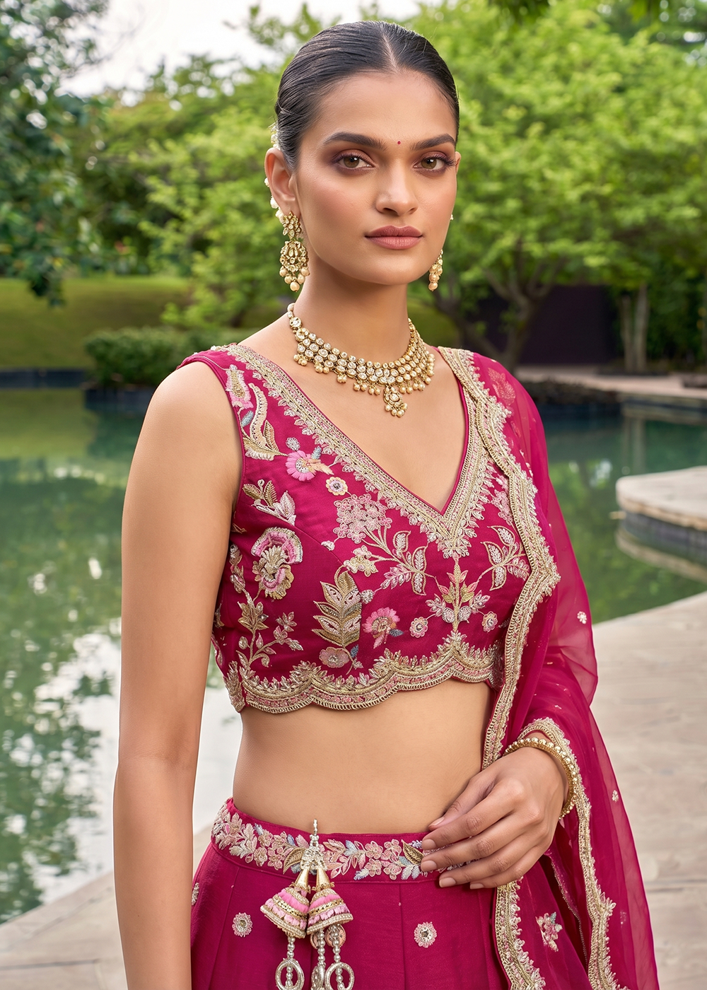 Buy Now Rose Tissue Mirror Sequince Embroidered Lehenga Choli Online in US, UK, Canada, France, Italy, Germany, Sweden, Denmark, Austria &amp; Worldwide at Empress.