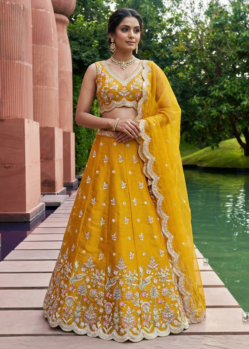 Buy Mustard Tissue Mirror Sequince Embroidered Lehenga Choli Online in US, UK, Canada, France, Italy, Germany, Sweden, Denmark, Austria &amp; Worldwide at Empress