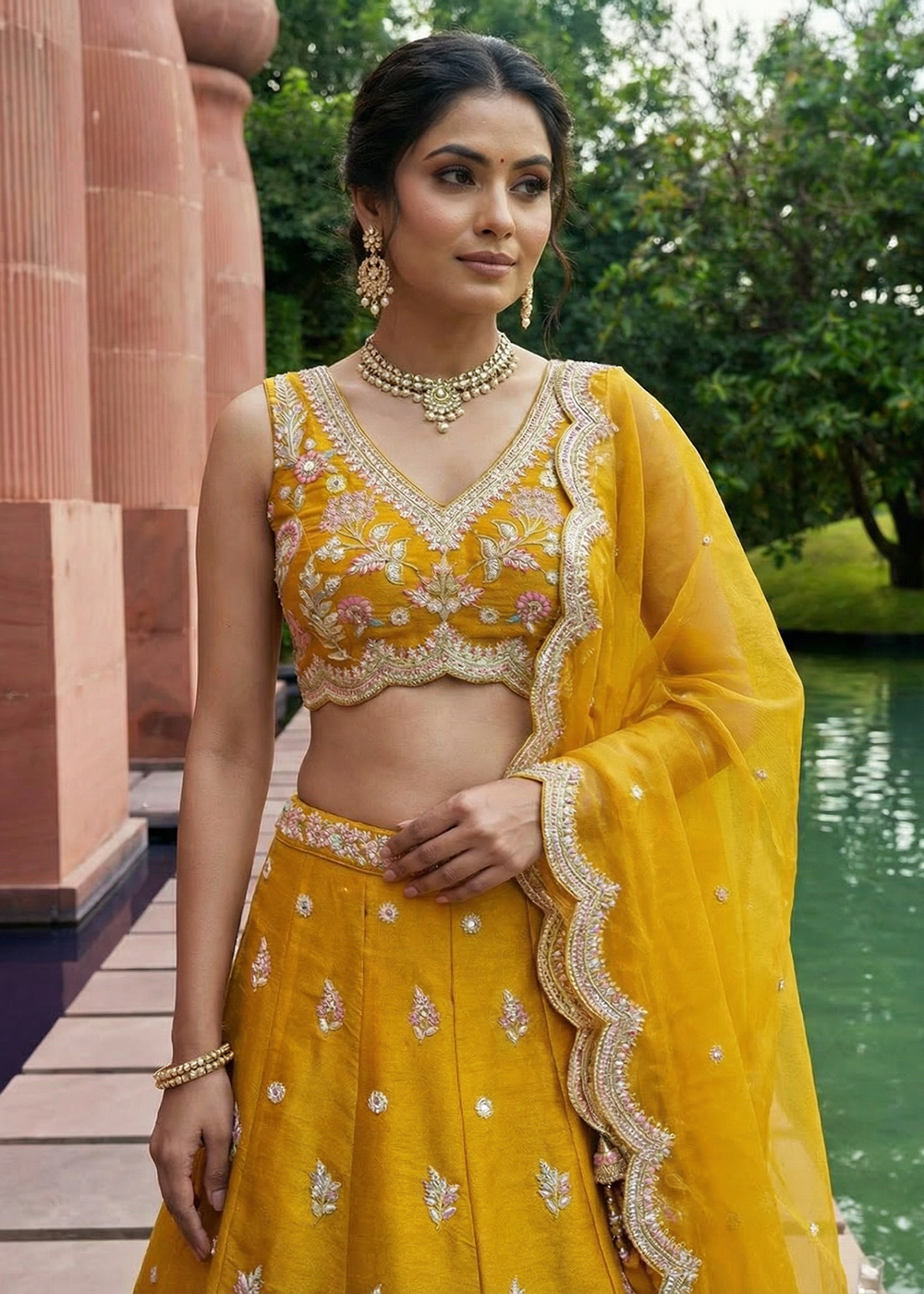 Buy Mustard Tissue Mirror Sequince Embroidered Lehenga Choli Online in US, UK, Canada, France, Italy, Germany, Sweden, Denmark, Austria &amp; Worldwide at Empress