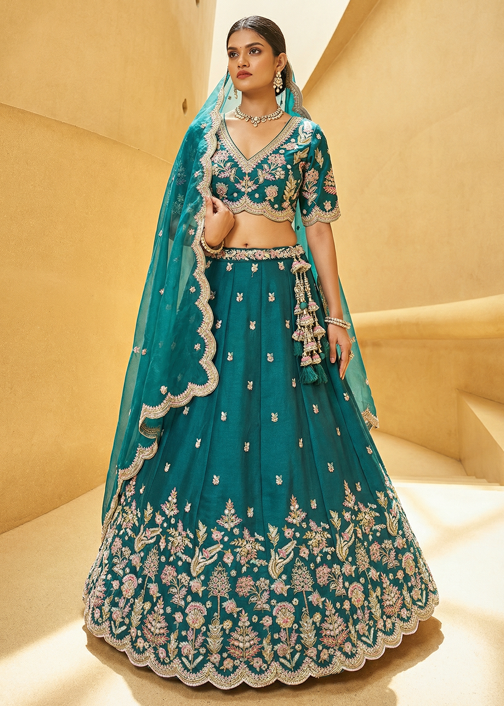 Buy Now Rama Tissue Mirror Sequince Embroidered Lehenga Choli Online in US, UK, Canada, France, Italy, Germany, Sweden, Denmark, Austria & Worldwide at Empress