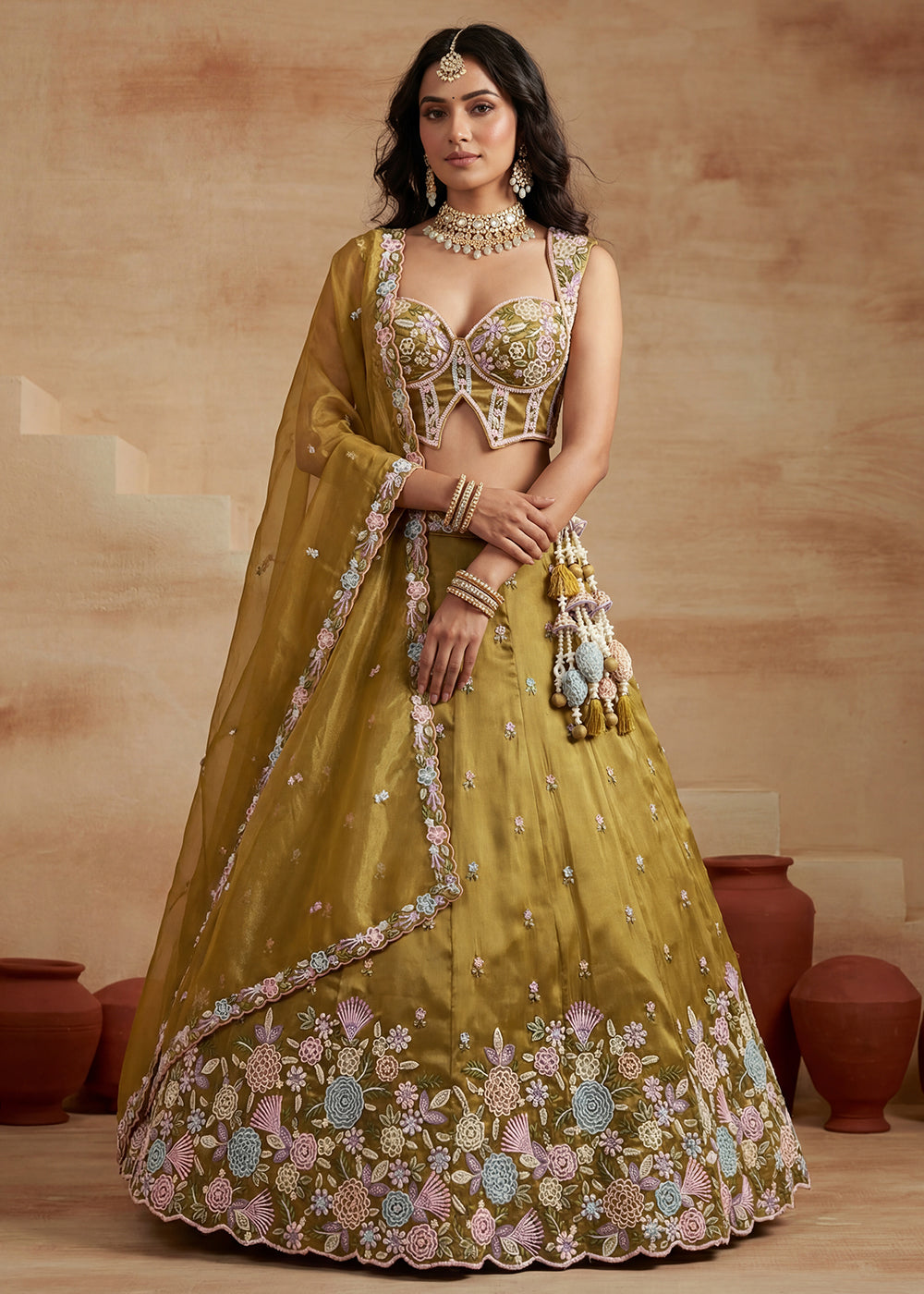 Buy Mustard Tissue Moti with Embroidered Party Lehenga Choli Online in US, UK, Canada, France, Italy, Germany, Sweden, Denmark, Austria & Worldwide at Empress.