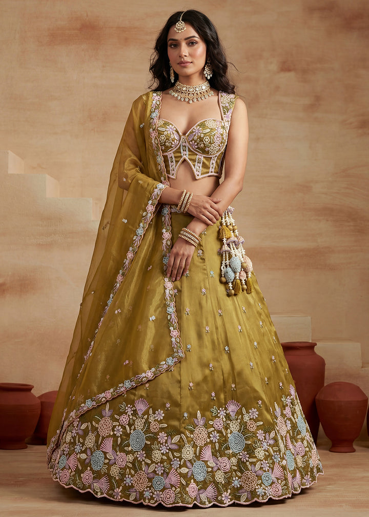Buy Mustard Tissue Moti with Embroidered Party Lehenga Choli Online in US, UK, Canada, France, Italy, Germany, Sweden, Denmark, Austria &amp; Worldwide at Empress.