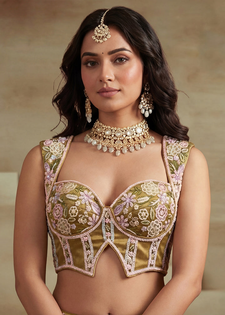 Buy Mustard Tissue Moti with Embroidered Party Lehenga Choli Online in US, UK, Canada, France, Italy, Germany, Sweden, Denmark, Austria &amp; Worldwide at Empress.