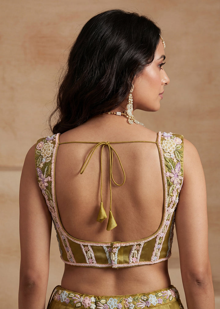 Buy Mustard Tissue Moti with Embroidered Party Lehenga Choli Online in US, UK, Canada, France, Italy, Germany, Sweden, Denmark, Austria &amp; Worldwide at Empress.
