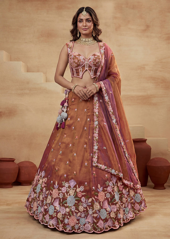Buy Rust Tissue Moti with Embroidered Party Lehenga Choli Online in US, UK, Canada, France, Italy, Germany, Sweden, Denmark, Austria &amp; Worldwide at Empress.