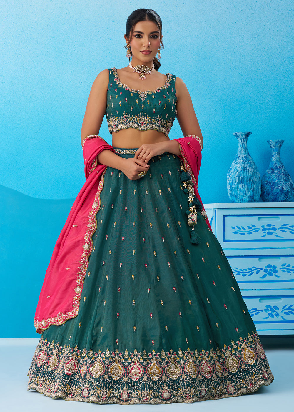 Buy Now Rama Cosmos Silk Embroidered Festive Lehenga Choli Online in US, UK, Canada, France, Italy, Germany, Australia, Greece, UAE & Worldwide at Empress.