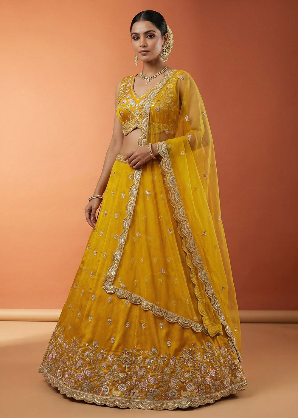 Buy Mustard Chinnon Silk Motif with Sequins Embroidered Lehenga Choli Online in US, UK, Canada, France, Italy, Germany, Sweden, Austria & Worldwide at Empress.