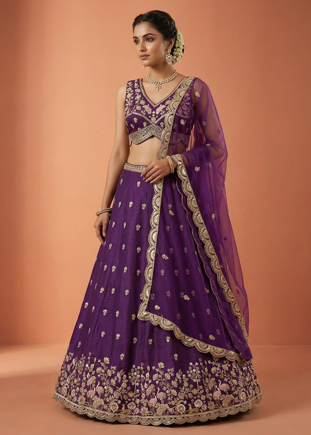 Buy Purple Chinnon Silk Motif with Sequins Embroidered Lehenga Choli Online in US, UK, Canada, France, Italy, Germany, Sweden, Austria & Worldwide at Empress.