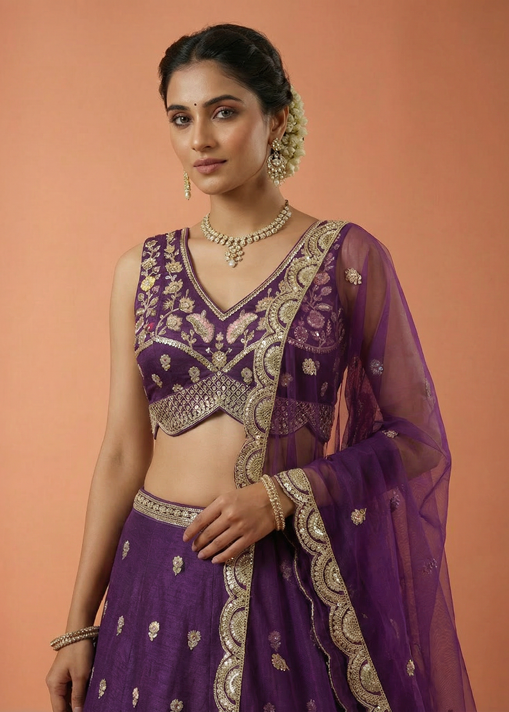 Buy Purple Chinnon Silk Motif with Sequins Embroidered Lehenga Choli Online in US, UK, Canada, France, Italy, Germany, Sweden, Austria & Worldwide at Empress.