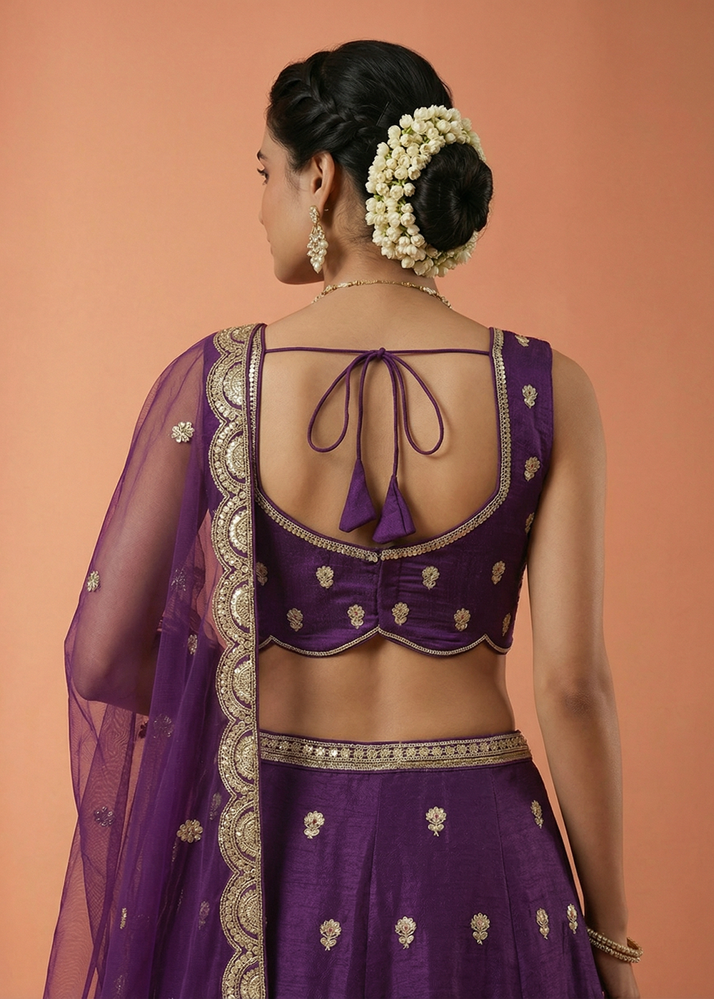 Buy Purple Chinnon Silk Motif with Sequins Embroidered Lehenga Choli Online in US, UK, Canada, France, Italy, Germany, Sweden, Austria &amp; Worldwide at Empress.