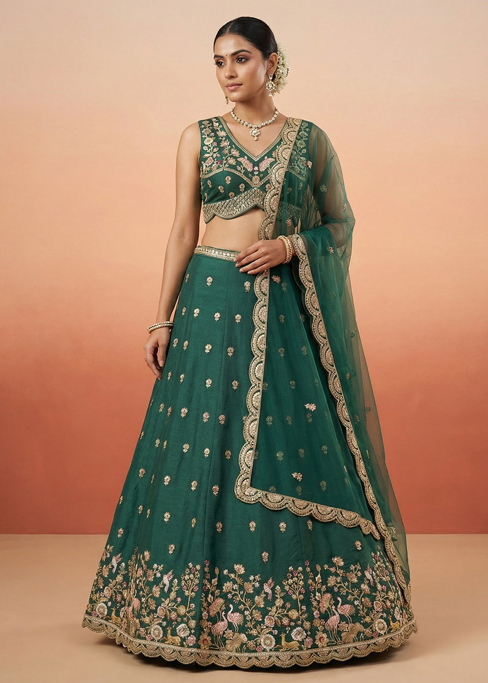 Buy Green Chinnon Silk Motif with Sequins Embroidered Lehenga Choli Online in US, UK, Canada, France, Italy, Germany, Sweden, Austria & Worldwide at Empress.