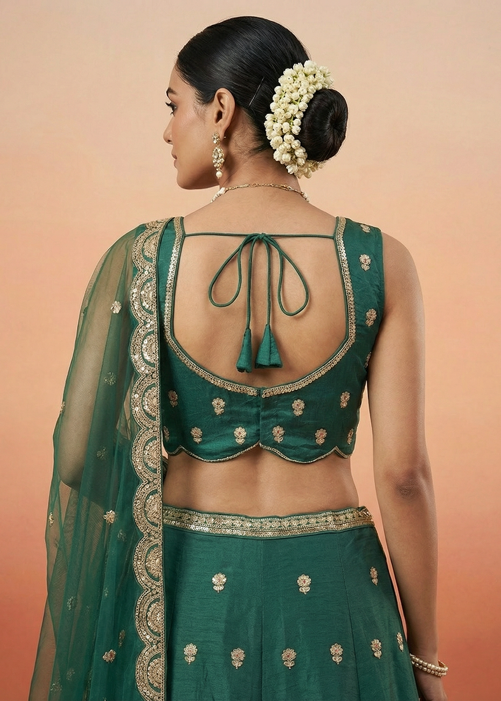 Buy Green Chinnon Silk Motif with Sequins Embroidered Lehenga Choli Online in US, UK, Canada, France, Italy, Germany, Sweden, Austria &amp; Worldwide at Empress.