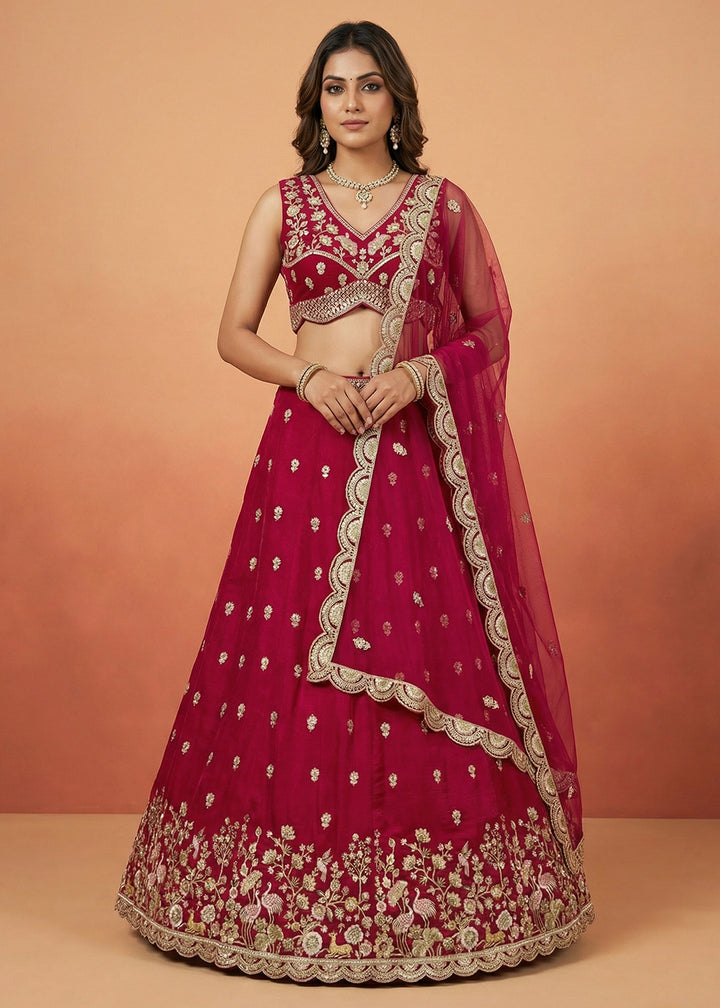 Buy Pink Chinnon Silk Motif with Sequins Embroidered Lehenga Choli Online in US, UK, Canada, France, Italy, Germany, Sweden, Austria &amp; Worldwide at Empress.