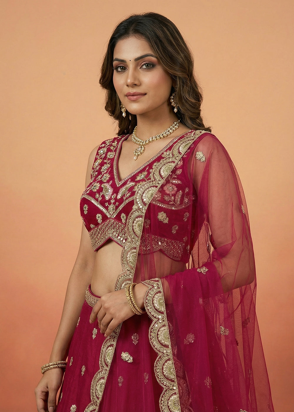 Buy Pink Chinnon Silk Motif with Sequins Embroidered Lehenga Choli Online in US, UK, Canada, France, Italy, Germany, Sweden, Austria & Worldwide at Empress.