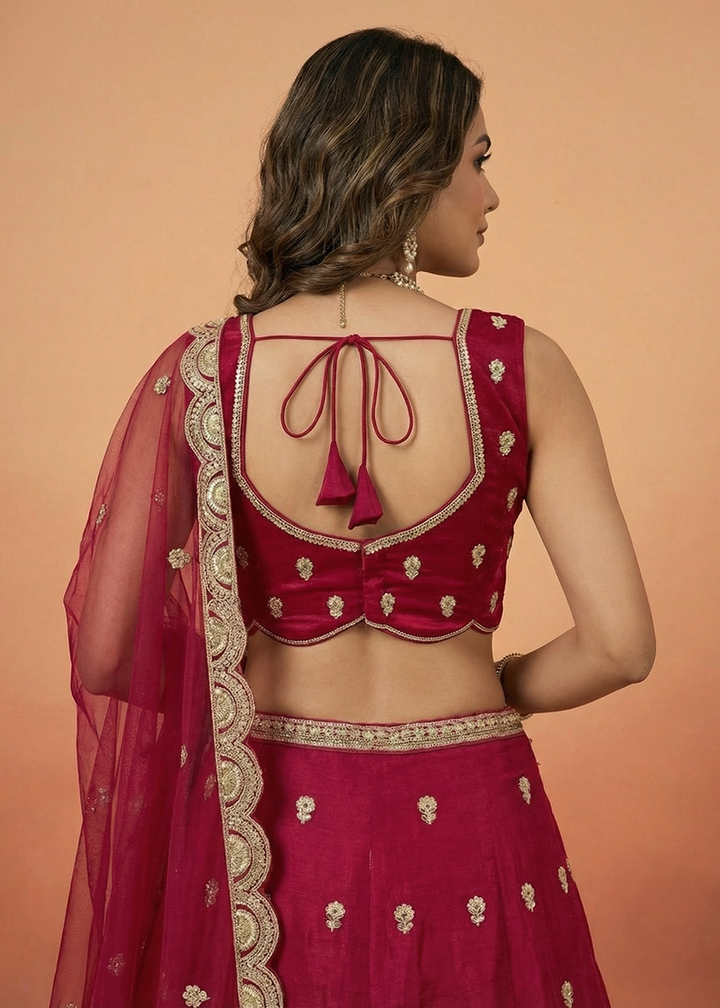 Buy Pink Chinnon Silk Motif with Sequins Embroidered Lehenga Choli Online in US, UK, Canada, France, Italy, Germany, Sweden, Austria &amp; Worldwide at Empress.