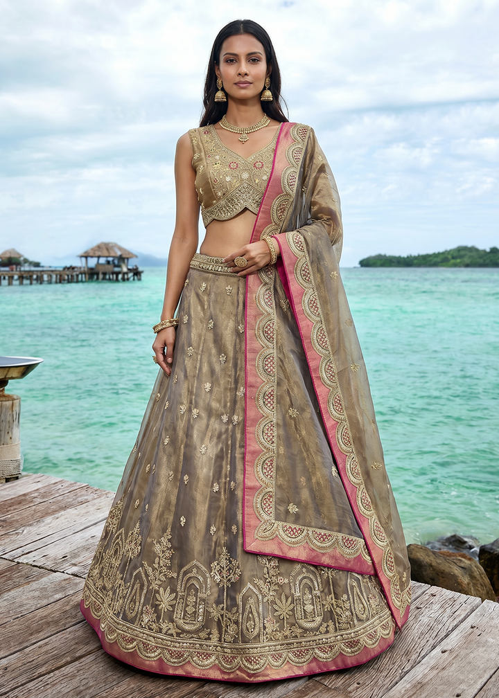 Buy Now Beige Tissue Moti with Embroidered Wedding Lehenga Choli Online in US, UK, Canada, France, Italy, Germany, Sweden, Austria, UAE &amp; Worldwide at Empress.