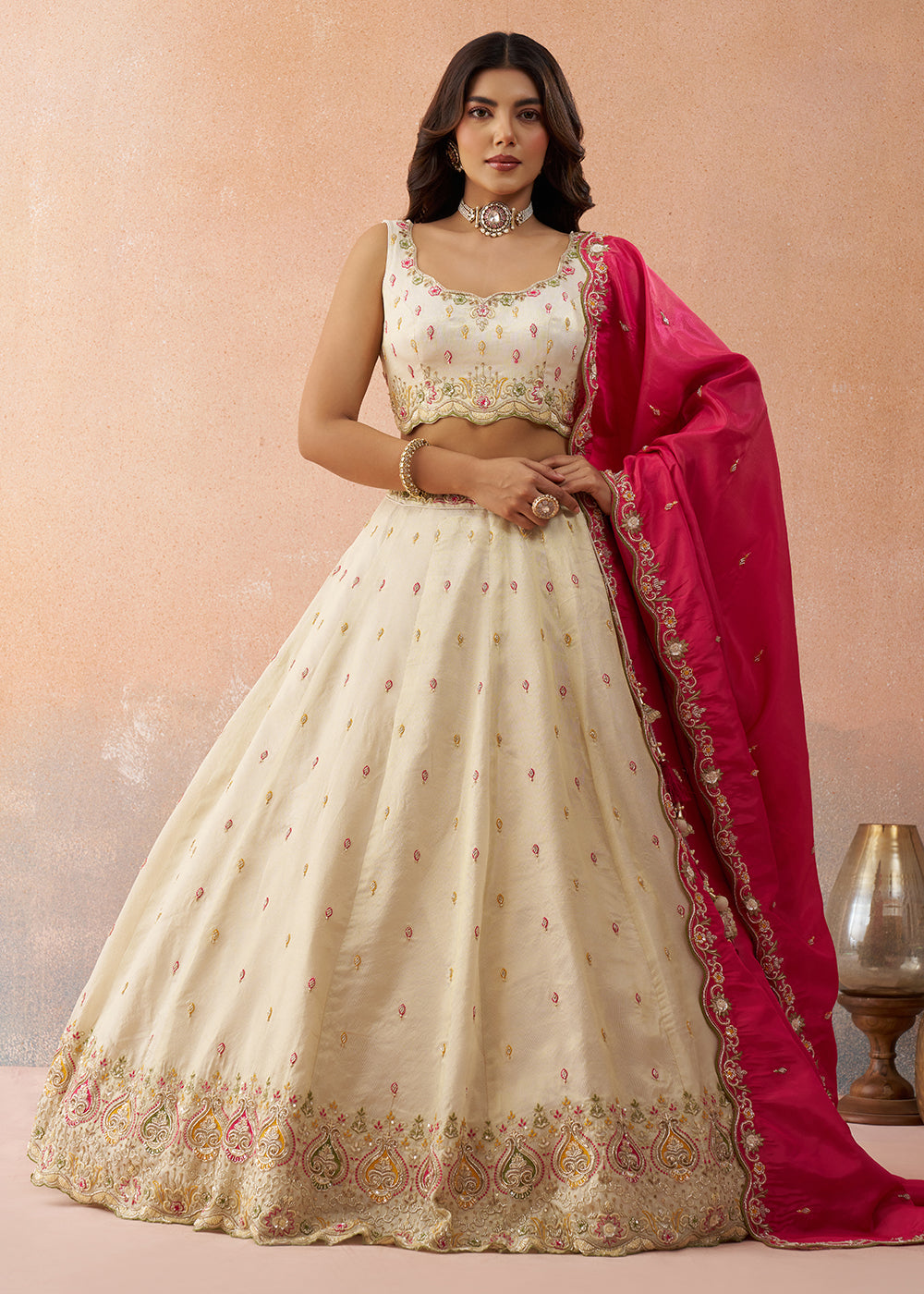 Buy Now Cream Cosmos Silk Embroidered Festive Lehenga Choli Online in US, UK, Canada, France, Italy, Germany, Australia, Greece, UAE & Worldwide at Empress.