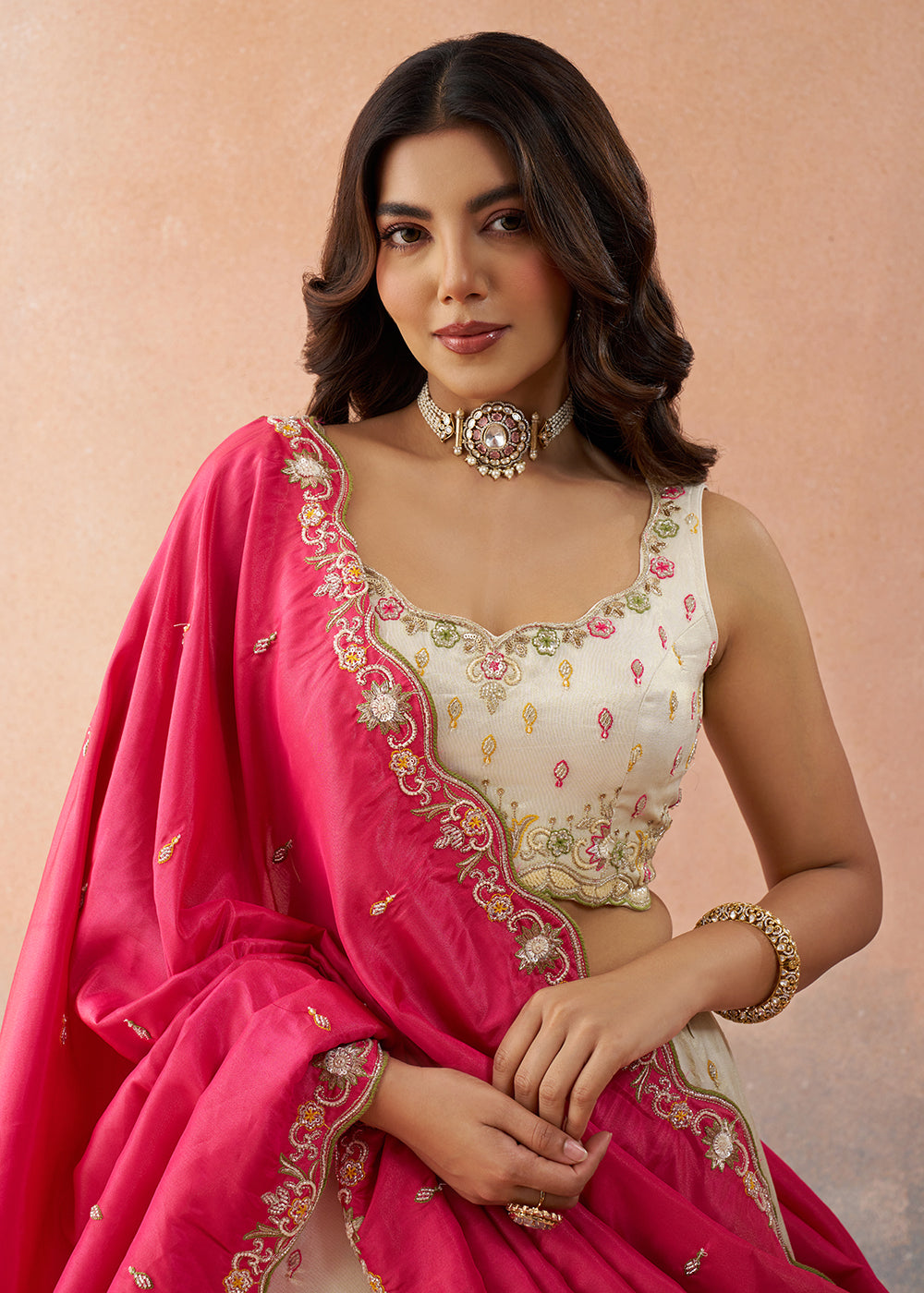 Buy Now Cream Cosmos Silk Embroidered Festive Lehenga Choli Online in US, UK, Canada, France, Italy, Germany, Australia, Greece, UAE & Worldwide at Empress.