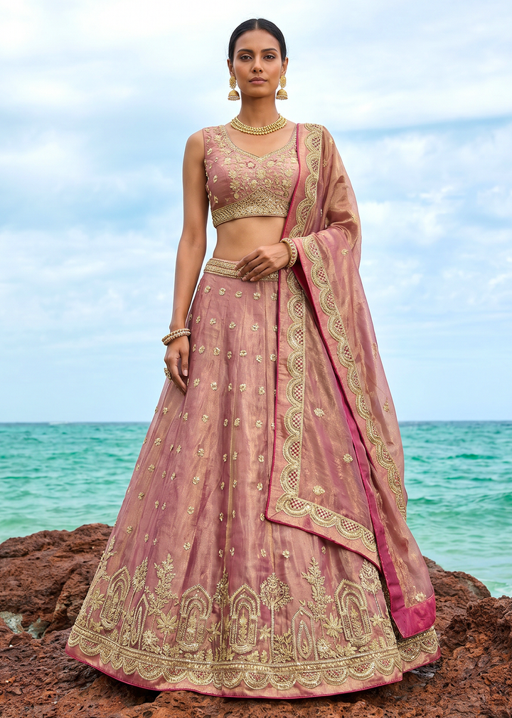 Buy Now Pink Tissue Moti with Embroidered Wedding Lehenga Choli Online in US, UK, Canada, France, Italy, Germany, Sweden, Austria, UAE &amp; Worldwide at Empress.
