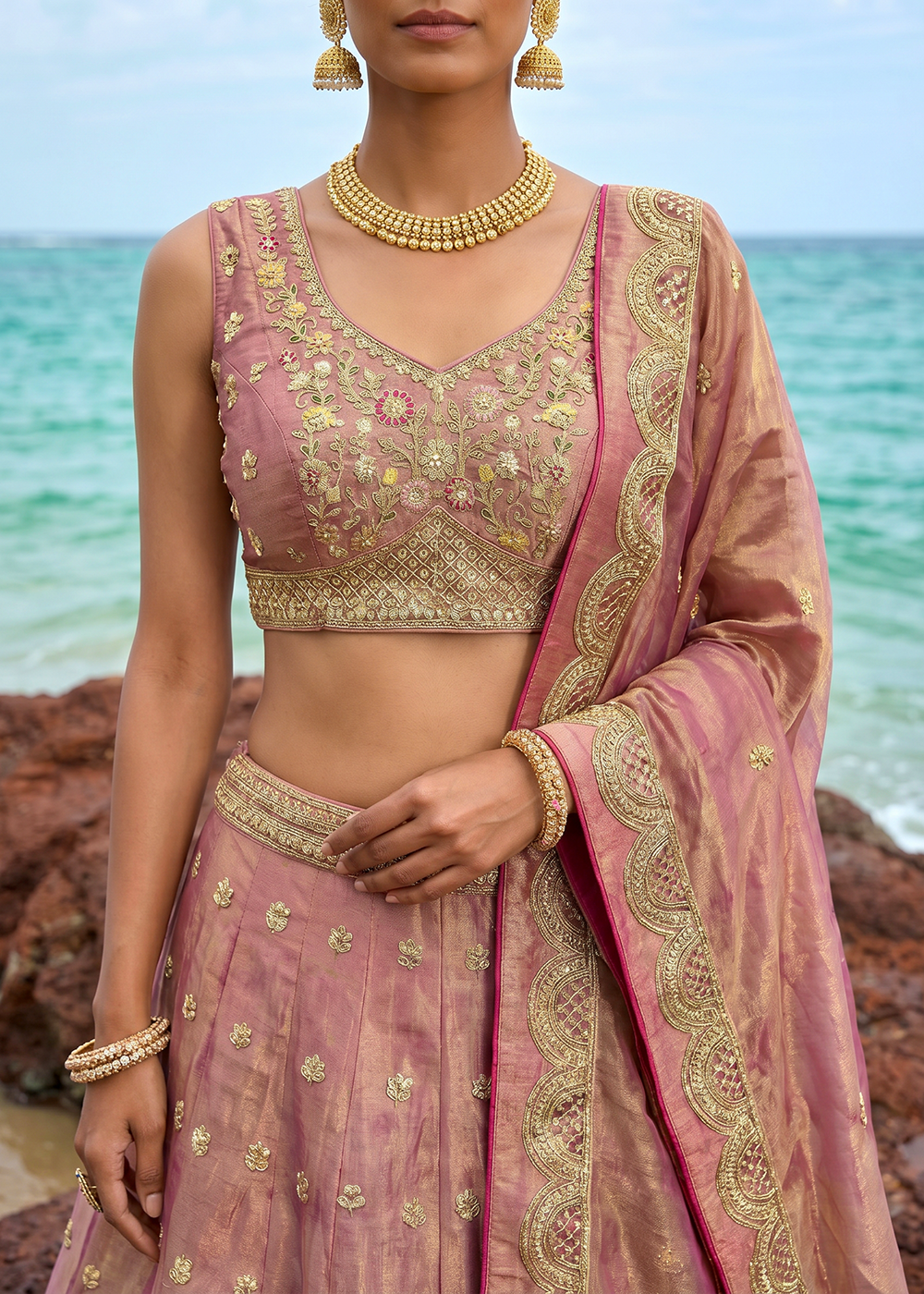 Buy Now Pink Tissue Moti with Embroidered Wedding Lehenga Choli Online in US, UK, Canada, France, Italy, Germany, Sweden, Austria, UAE & Worldwide at Empress.