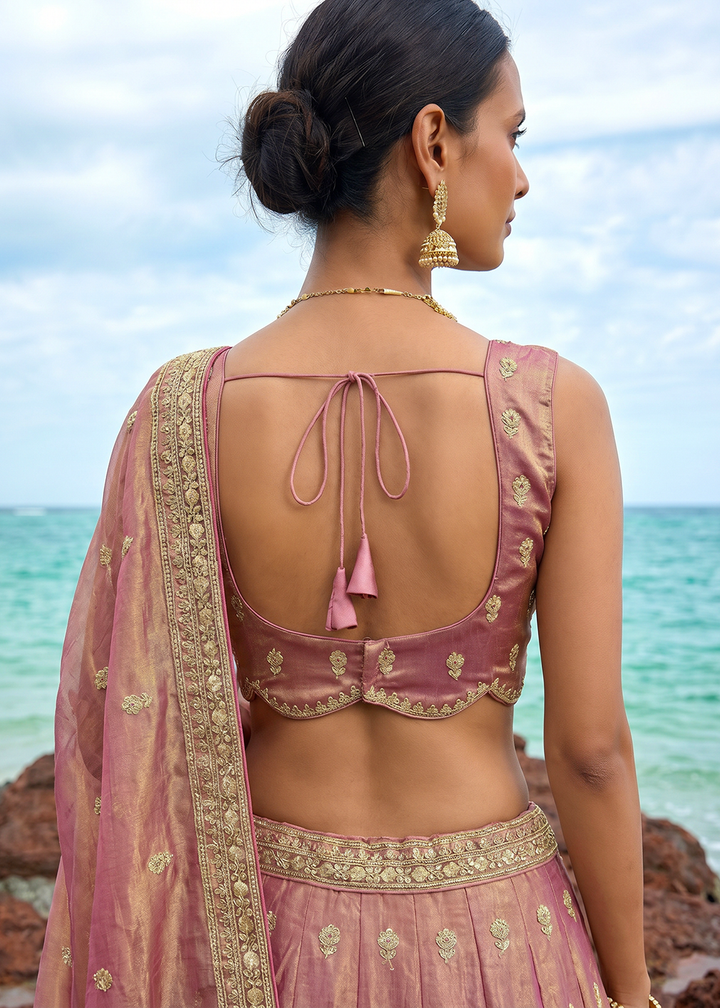 Buy Now Pink Tissue Moti with Embroidered Wedding Lehenga Choli Online in US, UK, Canada, France, Italy, Germany, Sweden, Austria, UAE &amp; Worldwide at Empress.