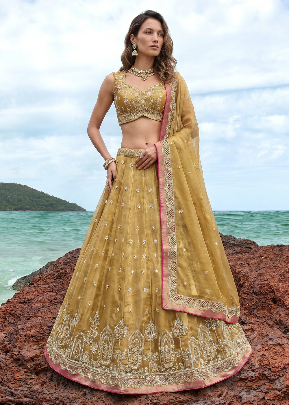 Buy Now Mustard Tissue Moti with Embroidered Wedding Lehenga Choli Online in US, UK, Canada, France, Italy, Germany, Sweden, Austria, UAE & Worldwide at Empress.