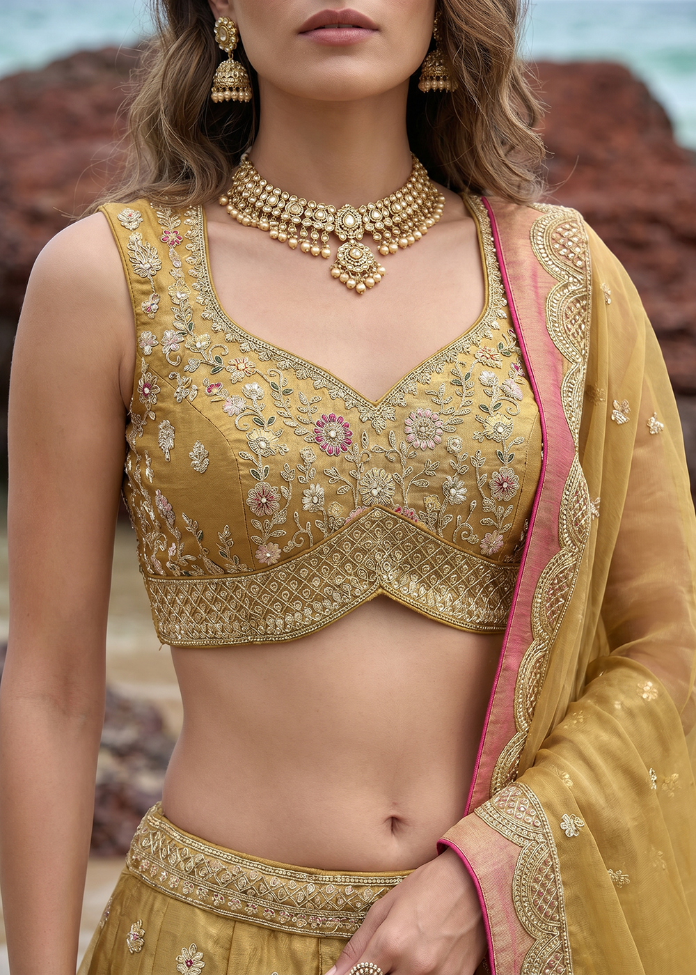 Buy Now Mustard Tissue Moti with Embroidered Wedding Lehenga Choli Online in US, UK, Canada, France, Italy, Germany, Sweden, Austria, UAE & Worldwide at Empress.