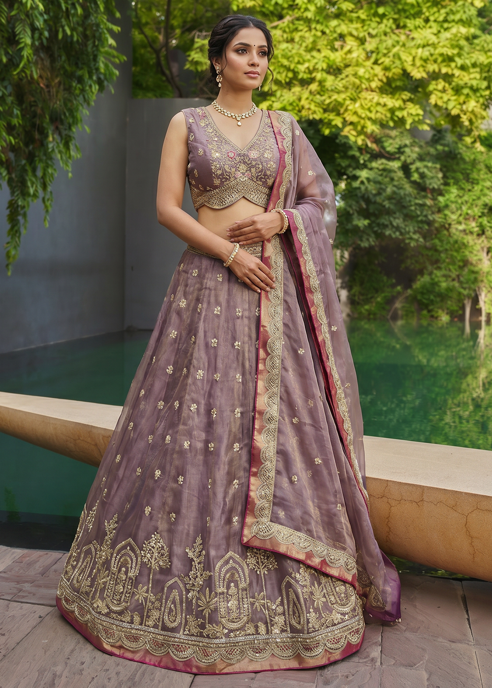 Buy Now Purple Tissue Moti with Embroidered Wedding Lehenga Choli Online in US, UK, Canada, France, Italy, Germany, Sweden, Austria, UAE & Worldwide at Empress