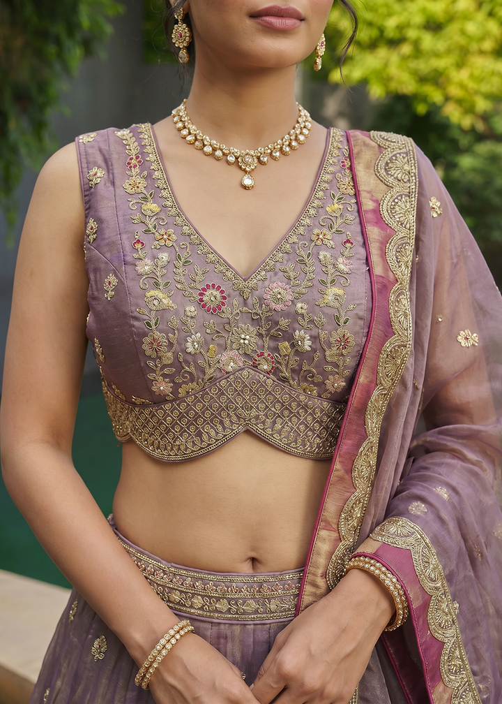 Buy Now Purple Tissue Moti with Embroidered Wedding Lehenga Choli Online in US, UK, Canada, France, Italy, Germany, Sweden, Austria, UAE &amp; Worldwide at Empress