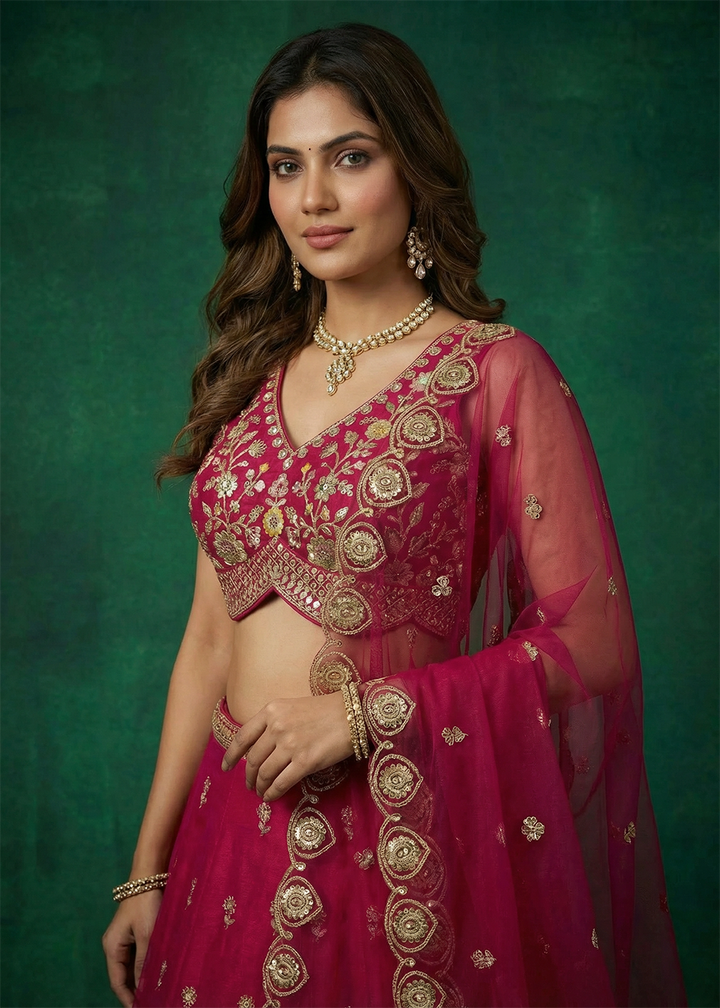 Buy Now Pink Chinnon Moti with Sequince Embroidered Lehenga Choli Online in US, UK, Canada, France, Italy, Germany, Sweden, Austria, UAE &amp; Worldwide at Empress.