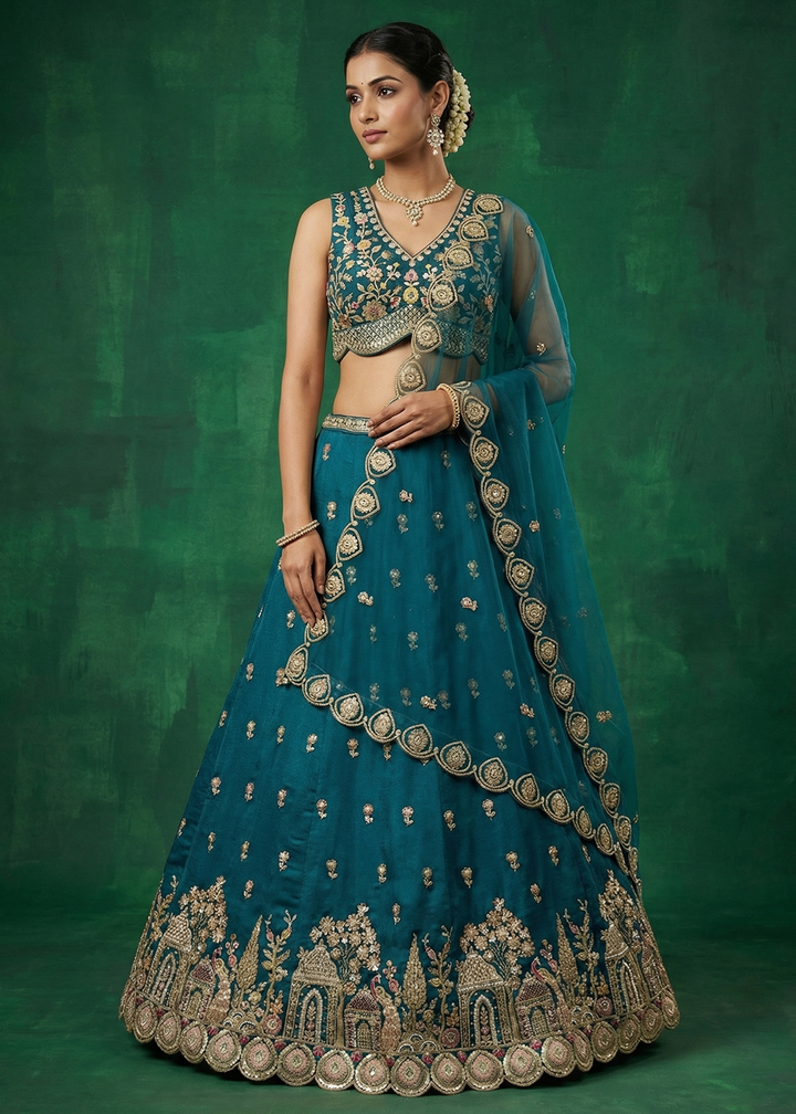 Buy Now Blue Chinnon Moti with Sequince Embroidered Lehenga Choli Online in US, UK, Canada, France, Italy, Germany, Sweden, Austria, UAE &amp; Worldwide at Empress.