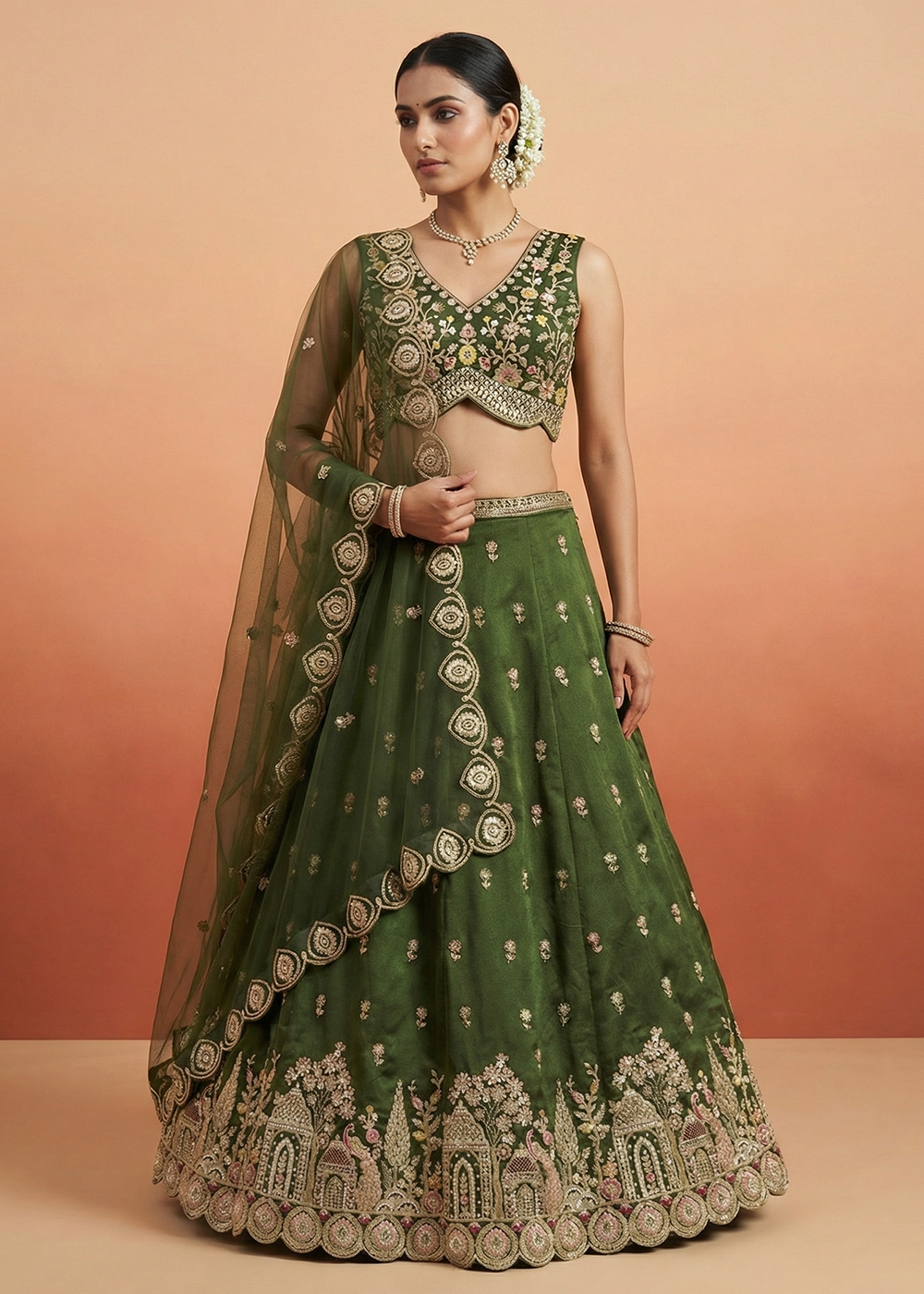 Buy Now Green Chinnon Moti with Sequince Embroidered Lehenga Choli Online in US, UK, Canada, France, Italy, Germany, Sweden, Austria, UAE & Worldwide at Empress.