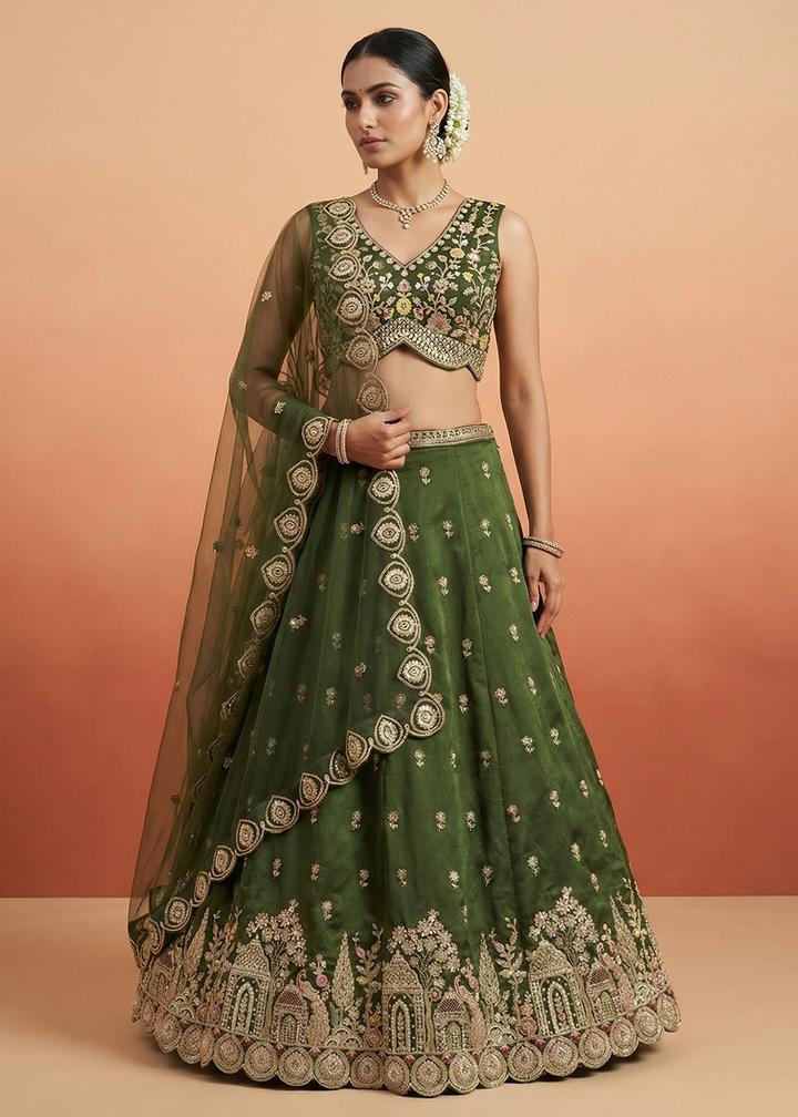 Buy Now Green Chinnon Moti with Sequince Embroidered Lehenga Choli Online in US, UK, Canada, France, Italy, Germany, Sweden, Austria, UAE &amp; Worldwide at Empress.