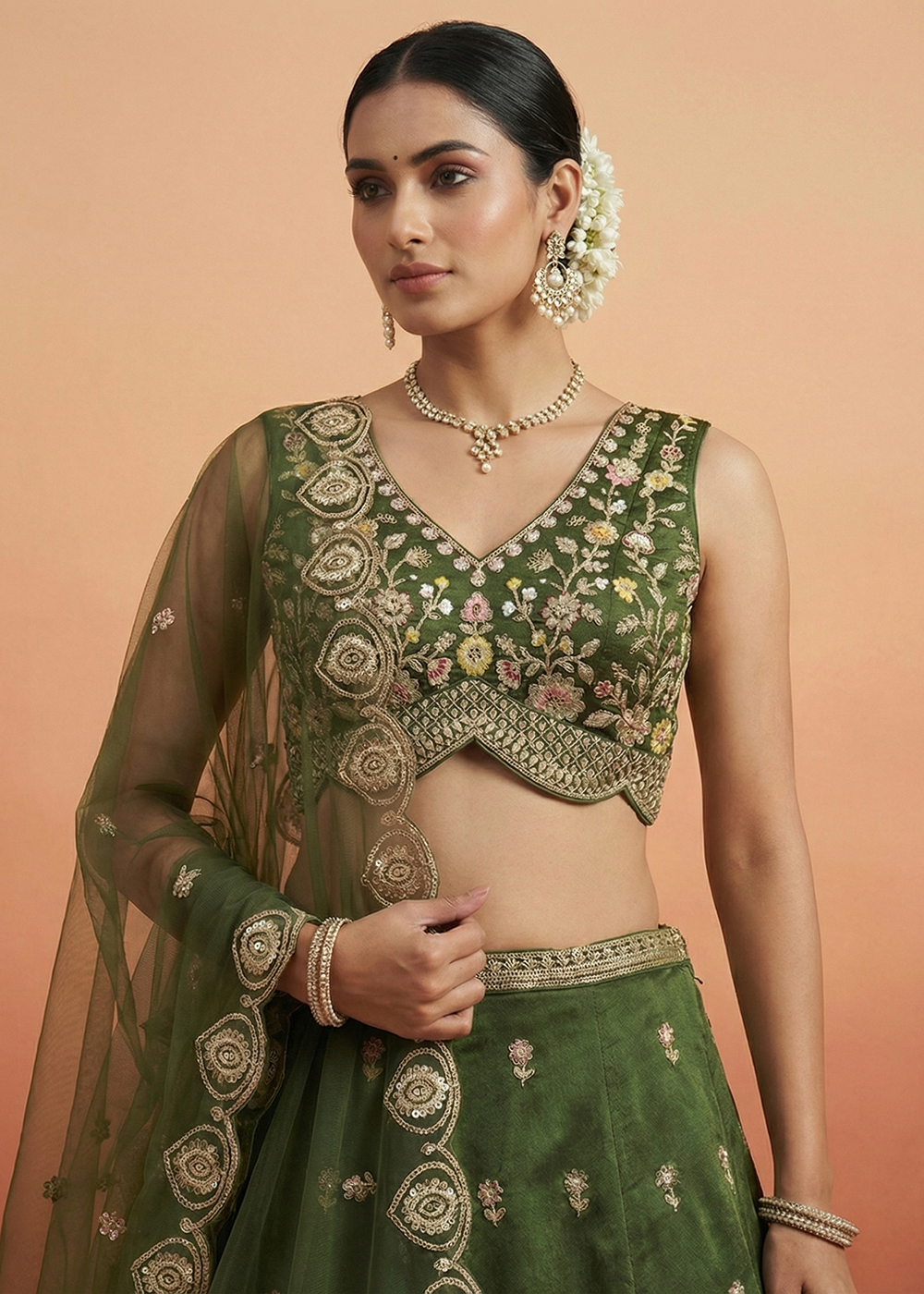Buy Now Green Chinnon Moti with Sequince Embroidered Lehenga Choli Online in US, UK, Canada, France, Italy, Germany, Sweden, Austria, UAE & Worldwide at Empress.