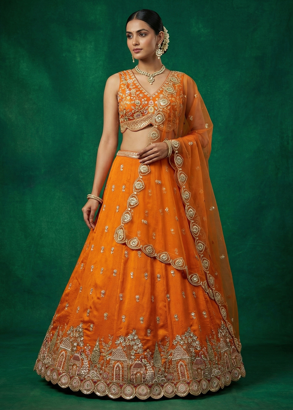 Buy Now Orange Chinnon Moti with Sequince Embroidered Lehenga Choli Online in US, UK, Canada, France, Italy, Germany, Sweden, Austria, UAE & Worldwide at Empress.