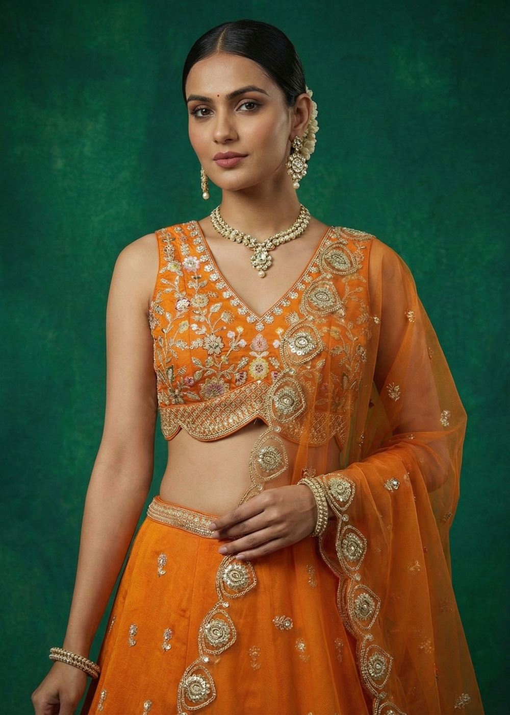 Buy Now Orange Chinnon Moti with Sequince Embroidered Lehenga Choli Online in US, UK, Canada, France, Italy, Germany, Sweden, Austria, UAE & Worldwide at Empress.