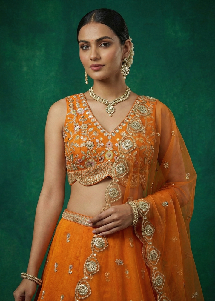 Buy Now Orange Chinnon Moti with Sequince Embroidered Lehenga Choli Online in US, UK, Canada, France, Italy, Germany, Sweden, Austria, UAE &amp; Worldwide at Empress.
