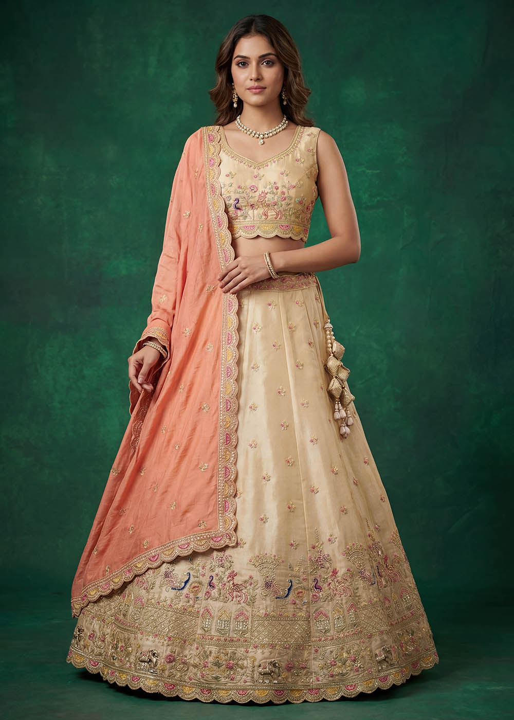 Buy Now Beige Tissue Zarkan Embroidered Wedding Lehenga Choli Online in US, UK, Canada, France, Italy, Germany, Sweden, Austria, UAE & Worldwide at Empress.